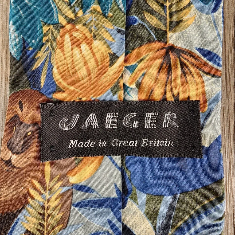 Vintage Jaeger Men's Silk Tie Blue Green Floral Lion Print Made in Great Britain